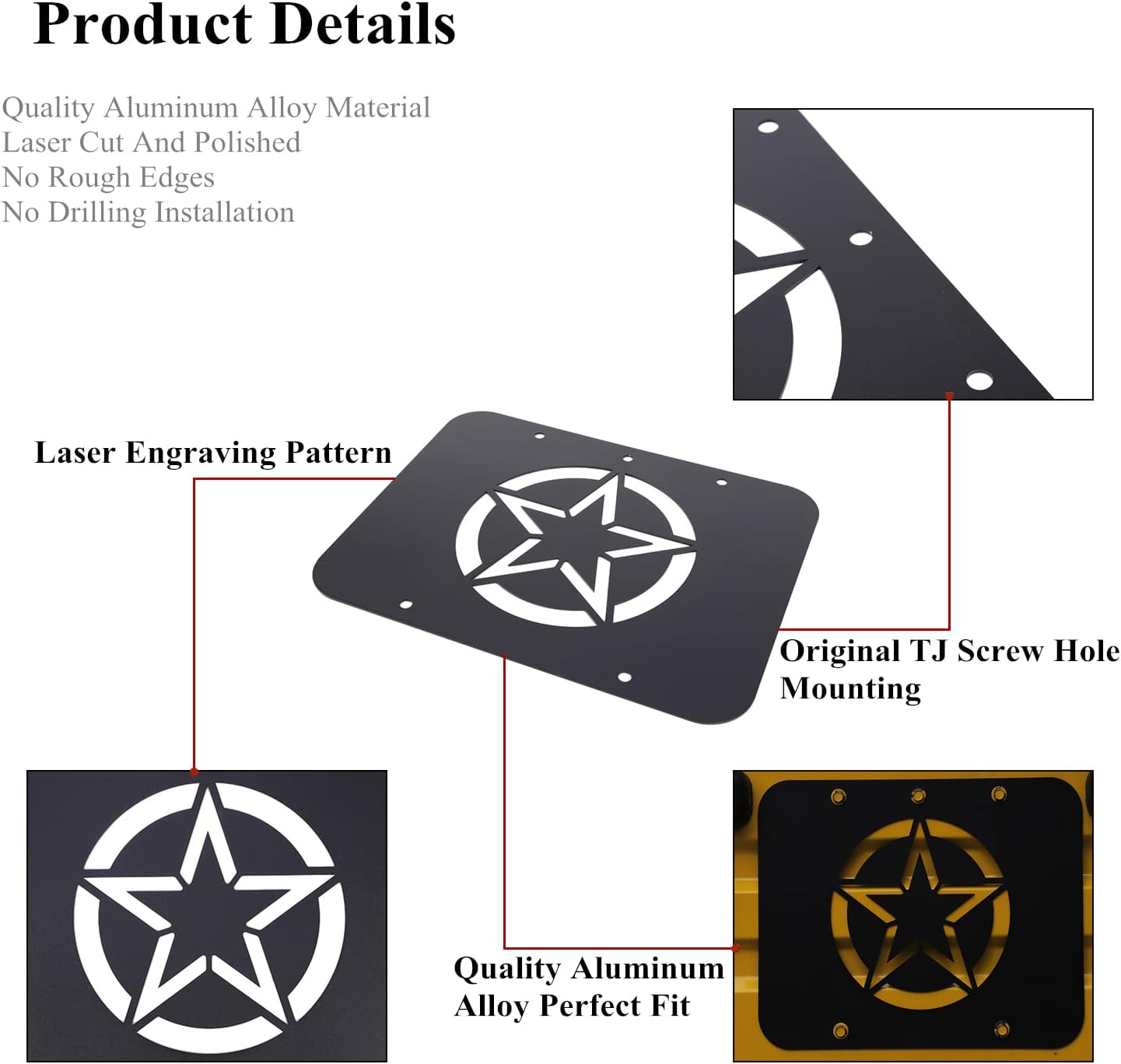 YOCTM TJ Spare Tire Carrier Delete Filler Plate Tramp Stamp Tailgate Vent-Plate Cover for 1997-2006 Jeep Wrangler TJ Aluminum Black Cover Trim (Black Star)