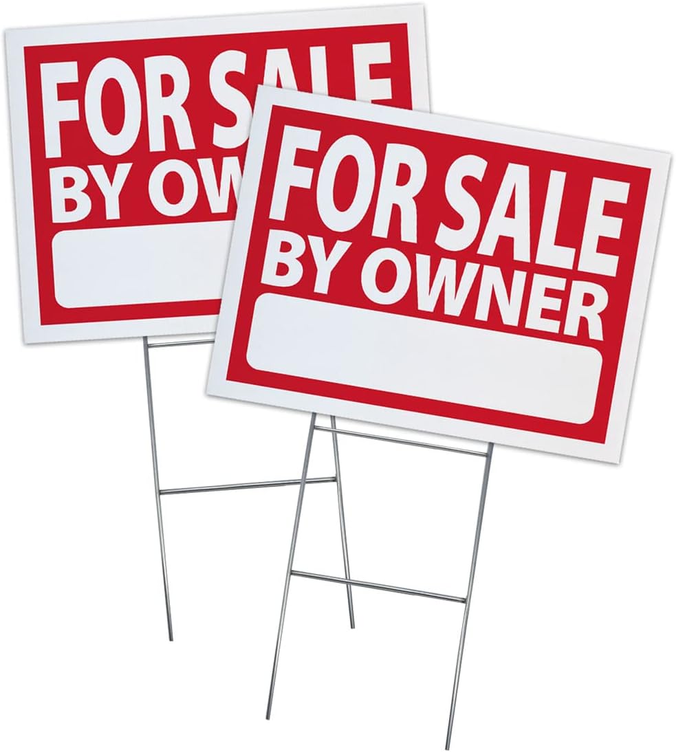 for Sale by Owner Sign Kit - 2 Pack Includes 2 18x24 Strong Double Sided Signs and 2 Yard Stakes, UV Ink, Made in USA Real Estate Supplies