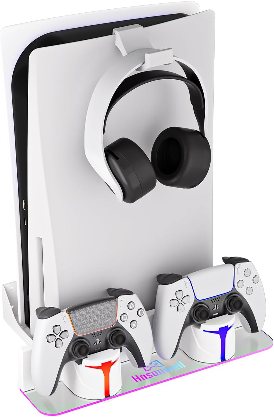 Hosanwell PS5 Wall Mount Kit with Charging Station, Compatible with PlayStation 5/Slim/Pro Disc & Digital Version, Dual Use Charging Station with Multi-Mode RGB Light, White