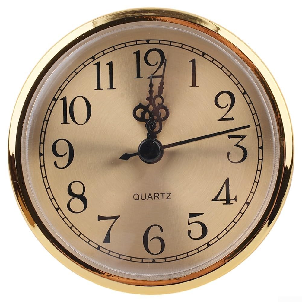 Miniuhr-Einsatz, 8,9 cm, rundes Quarzuhrwerk, Miniaturuhr, goldfarbenes Zifferblatt, goldfarbene Lünette, arabische Ziffern, passend für Loch mit 7,6 cm Durchmesser (goldfarben)