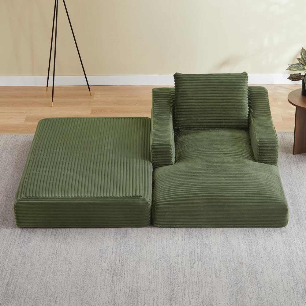 XINGNING Divano lounge in velluto a coste, sedia singola, design doppio, espandibile per letto, per soggiorno, camera da letto (verde + schiuma + 1 posto)