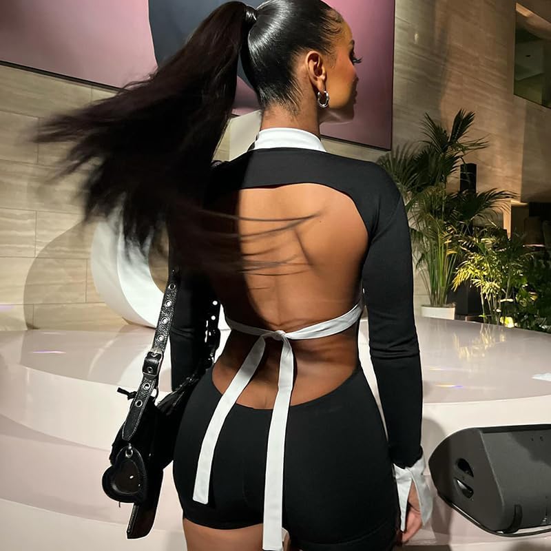 Molilove Women's Sexy Deep V Hollow Out Shirt Collar Long Sleeve Backless Strap Tight Jumpsuit Shorts Clubwear - Image 6