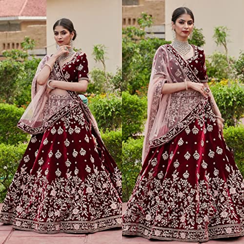 TRENDMALLS Velvet Embroidery Work Bridal Lehenga Choli Unstitch Blouse with Dupatta For Women2