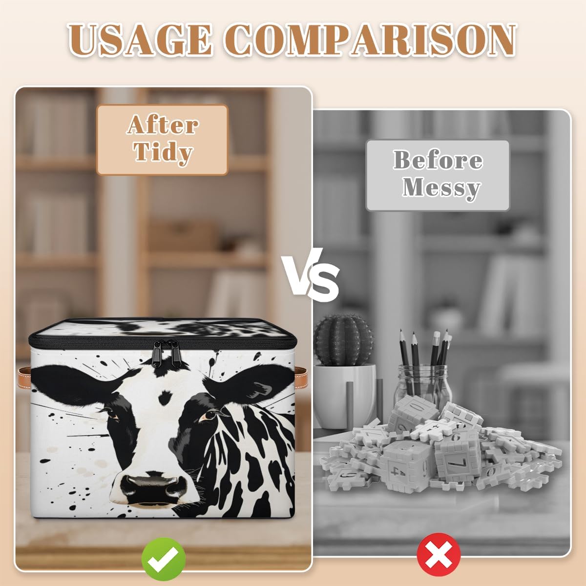 Storage Bin Set of 2 Cow Animal Storage Basket with Zipper Lid & Handle Foldable Closet Shelf 2 Pack Cloth Organizer Basket Cube Bins Clothes Organizer for Bedroom, Nursery