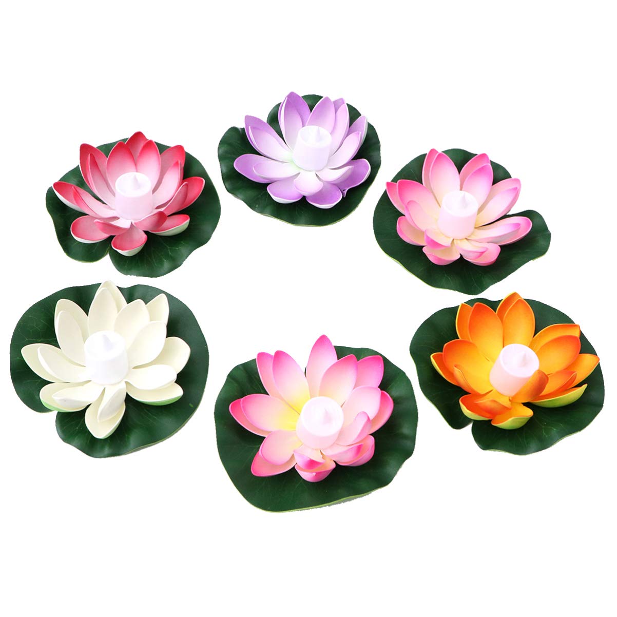 Mobestech 6pcs Waterproof Floating LED Lotus Light Creative Mixed Colors Realistic Lotus Flower Candle Wishing Water Lily Artificial Candle Lamp for Pool Party Festival