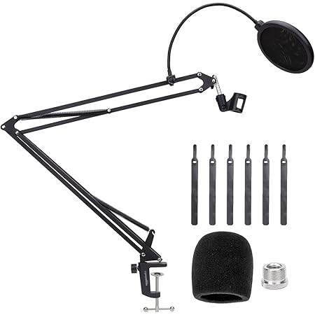Amazon Basics Heavy-Duty Microphone Desk Arm Stand All-in-One Kit, with Adjustable Boom, Pop Filter, and Windscreen, for Blue Yeti, Snowball, Shure, Audio-Technica, and other Mics - 19 inch
