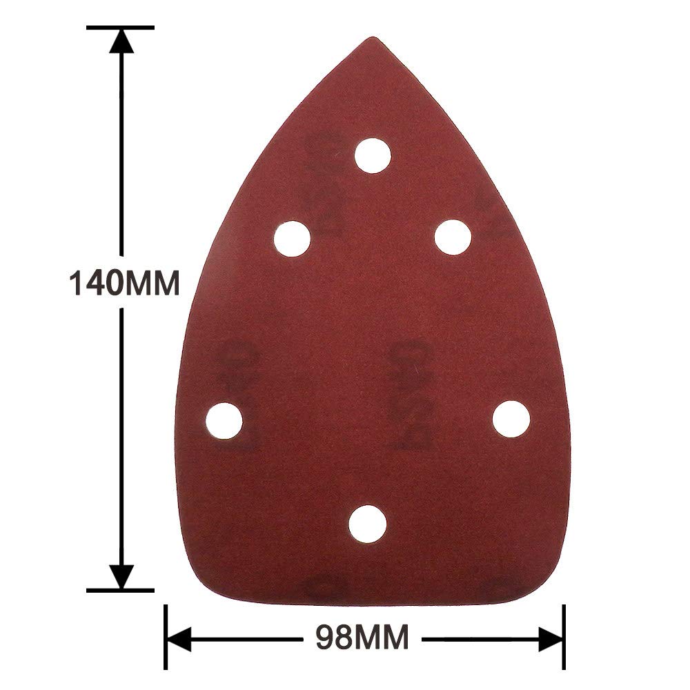 50PCS 140 * 98 mm Hojas de lija de 6 orificios Triángulo Detalle de ratón Gancho de papel de lija amp; Disco de lijado abrasivo Loop Grits para lijado de madera, surtido