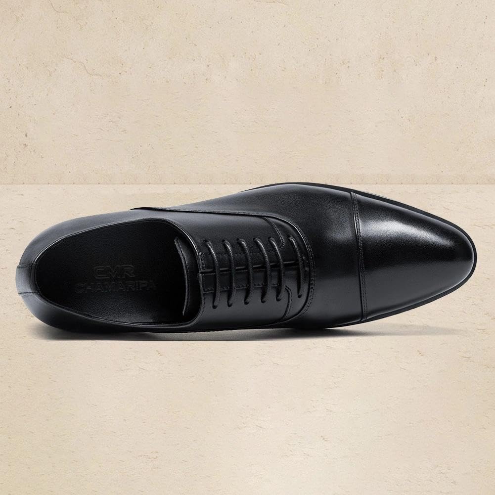 CHAMARIPA Herren Oxford-Geschäftsschuhe mit 7 cm unsichtbarer Innenerhöhung | Schwarze Schnür-Steigerschuhe aus Echtleder – klassische Geschäftsschuhe für Büro, Hochzeiten und den Alltag