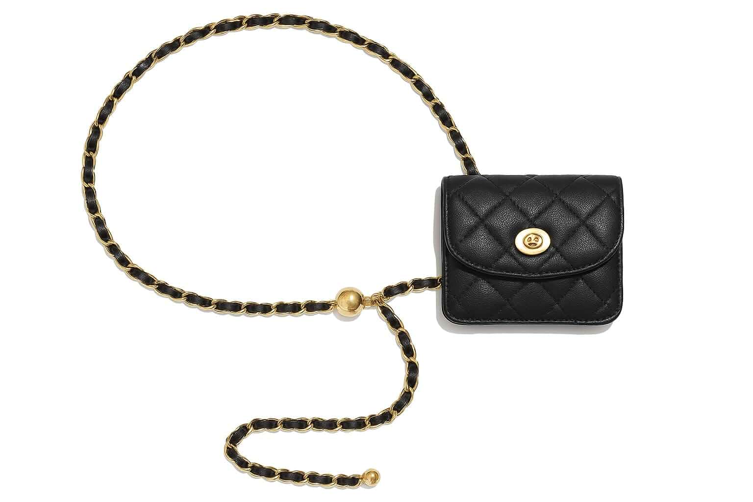 Mini Quilted Chain Belt Bag, Black Faux Leather, Gold Hardware, Crossbody Purse With Turn Lock Closure