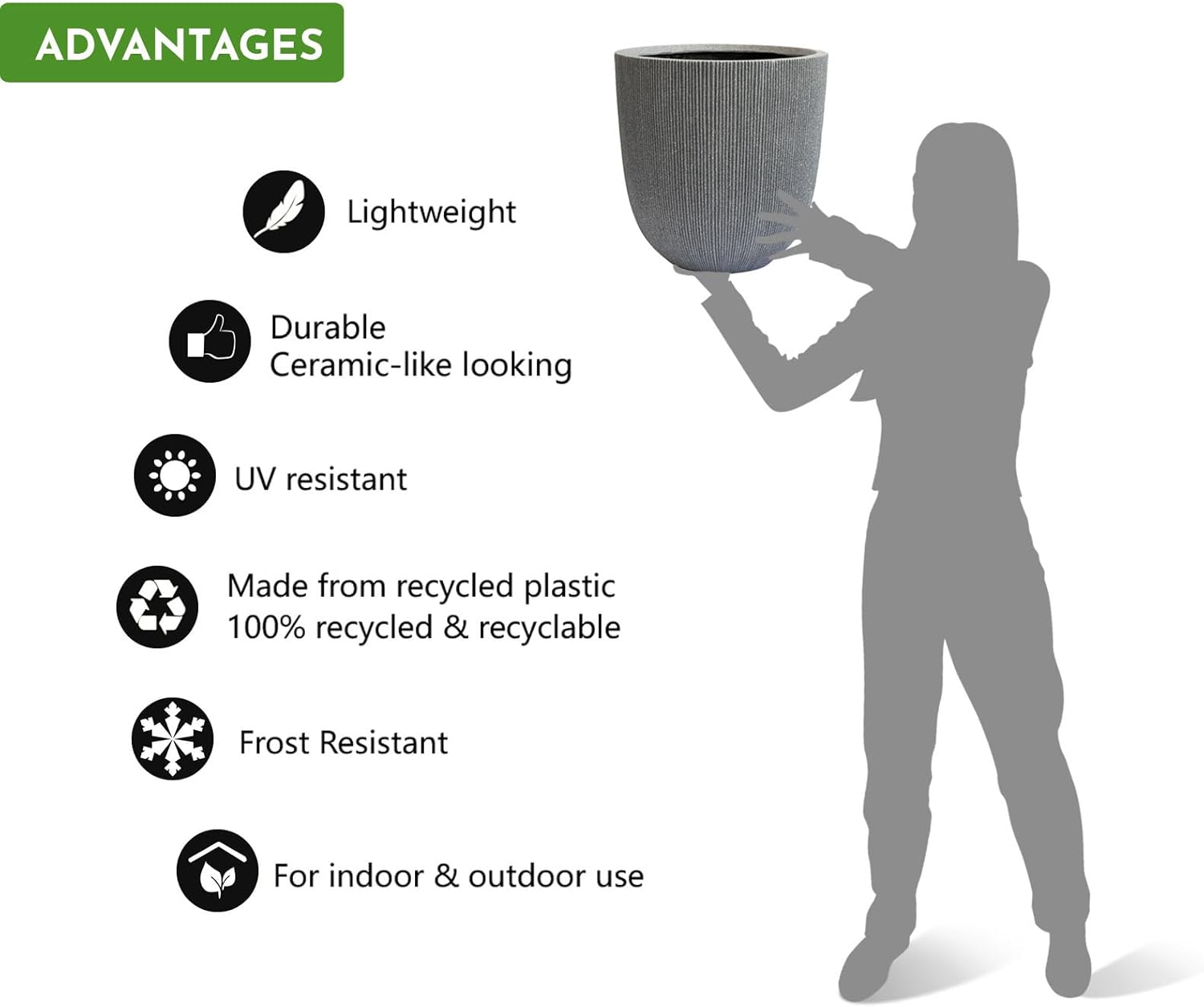 14.8" Tall Round Plastic Planter for Indoor Outdoor Plants, Large Indoor Outdoor Plant Pots with Drainage Hole and Plug, Flower Pots for Plants, Modern Decorative Planter Pots for Home Garden Patio