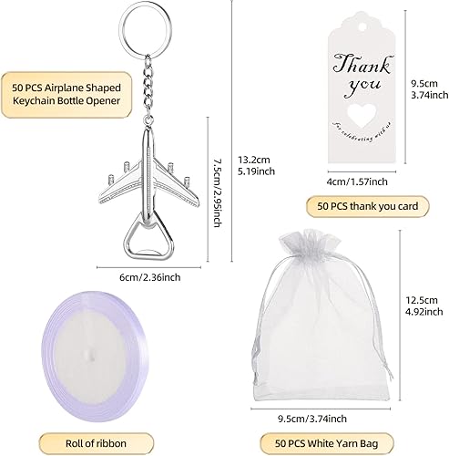 Miniatura 2 de 50 llaveros para abrebotellas de avión para regalos de boda o despedida de soltera, regalos, recuerdos para invitados (plateado)
