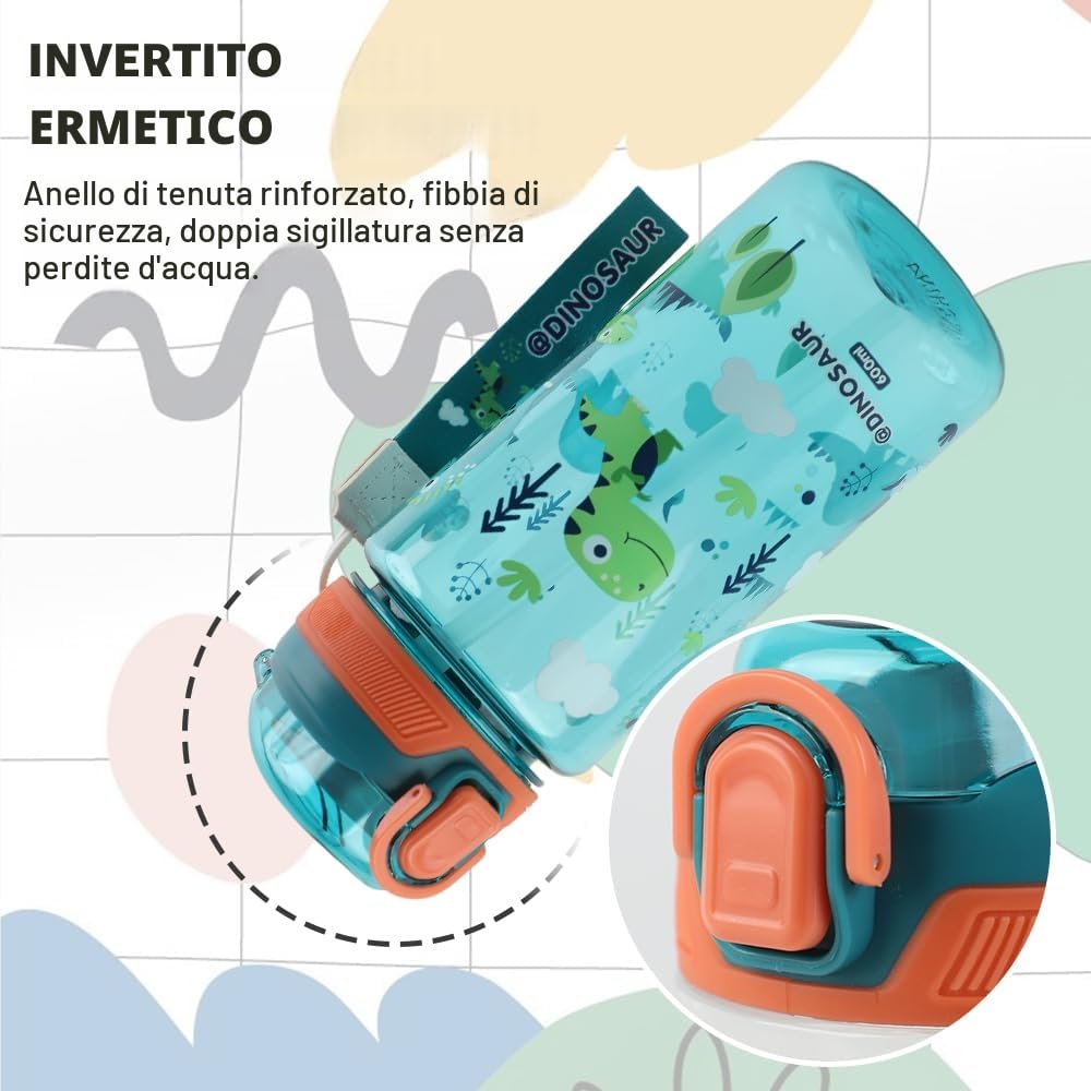 Dinosauro Borraccia Bambini 600 ML Infrangibile Senza BPA Apertura One-Touch Facile da Pulire