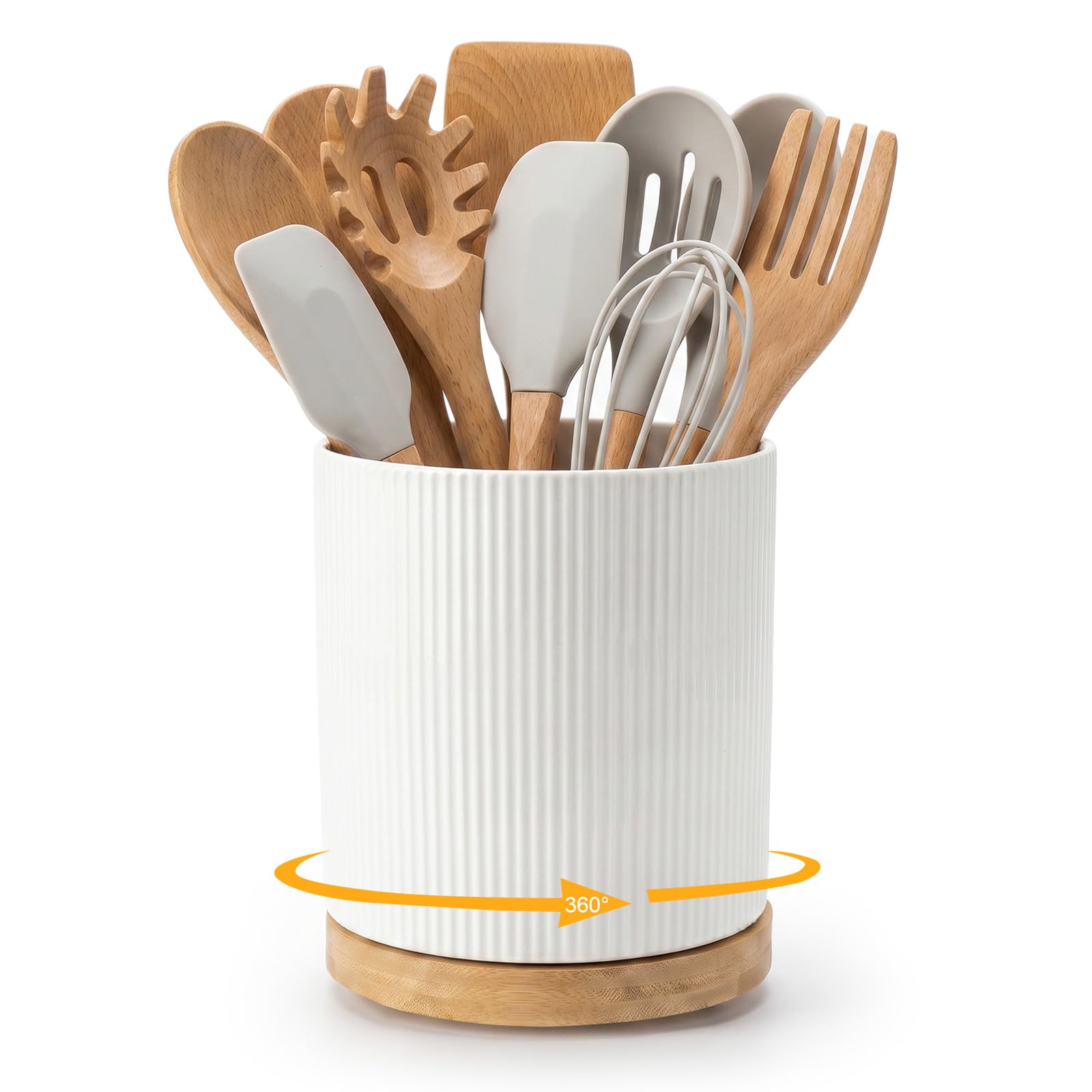 360Β° Rotating Utensil Holder - Large Ceramic Rotating Utensil Jar, 15.5 x 19.7 CM Modern Kitchen Utensils Holder for Countertop, Ceramic Cooking Utensil Organizer for Spoons Spatulas Whisks, White