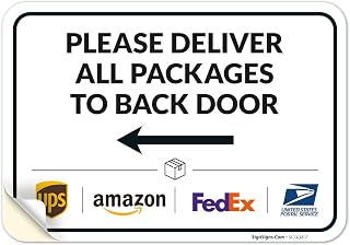 Package Delivery Sign, Delivery Instructions Deliver All Package to Back Door Left Arrow Sign, 10x7 Inches, 4 Mil Vinyl Decal Stickers Weather Resistant, Made in USA