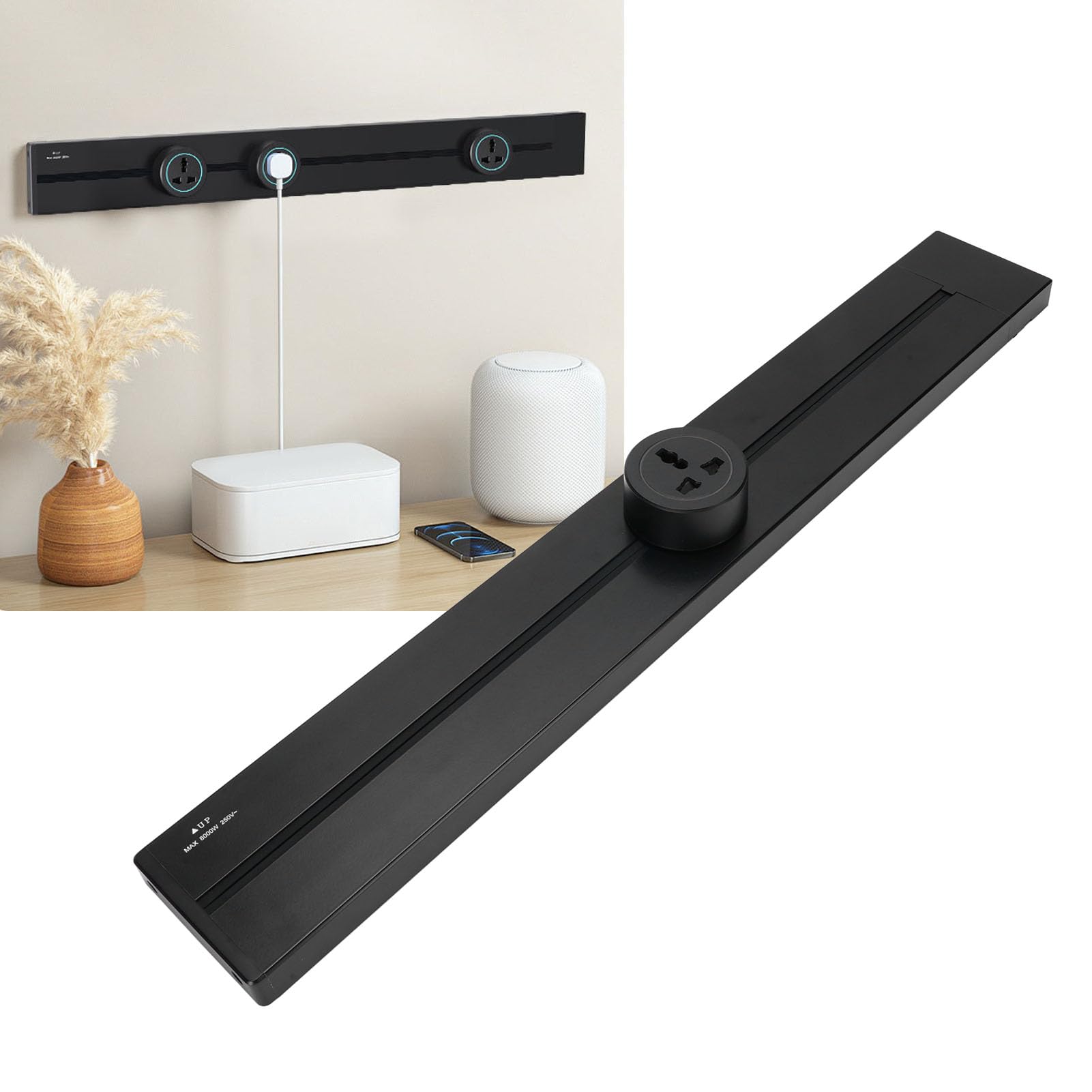 Asixxsix Listwa zasilająca do montażu na ścianie, 8000 W, 32 A, aluminiowa listwa zasilająca z diodą LED, przedłużacz (3 Universal Socket 13a 3250 W)