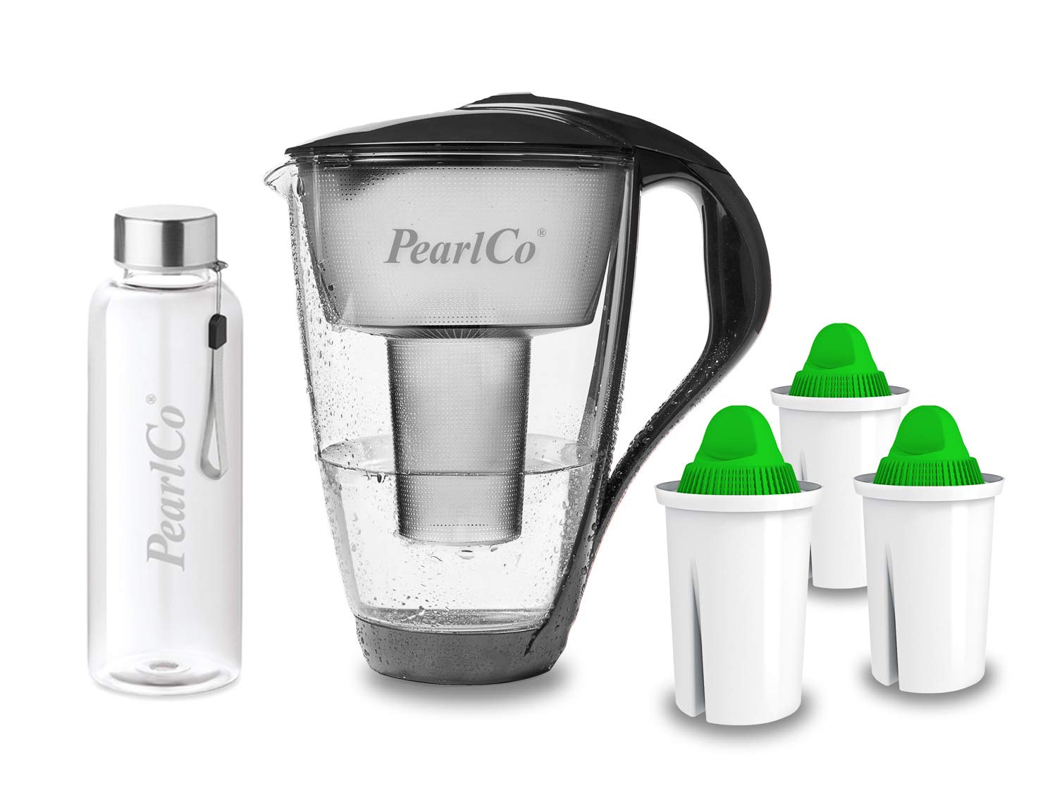 PearlCo - Szklany filtr do wody (antracyt) z 3 wkładami filtrującymi alkalicznymi Classic + 1 butelka do picia ze szkła