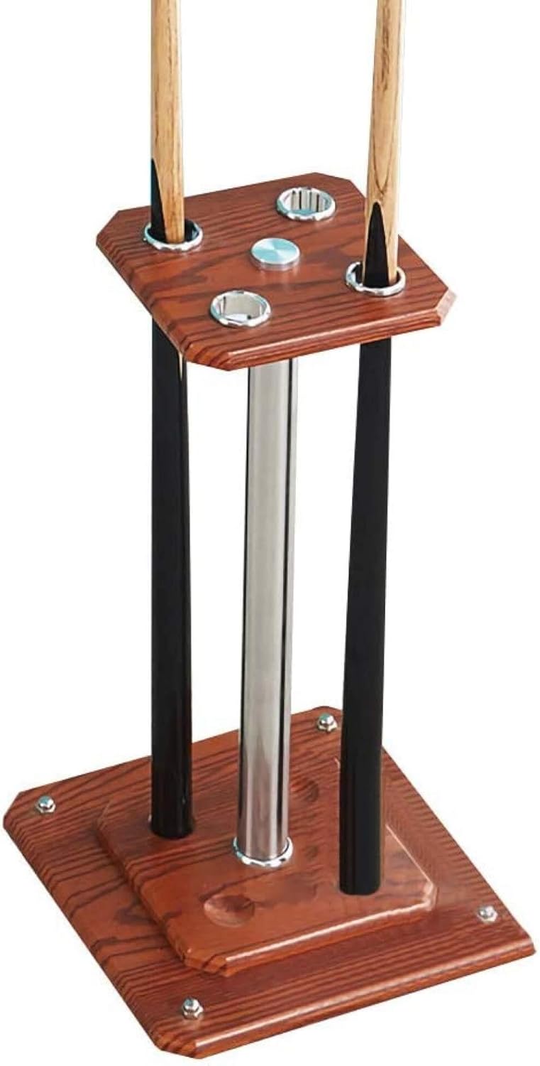 Solid Wood Pool Cue Rack Floor Stand – Holds 4 Billiard Cues, Stable Walnut/Black/White Game Room Organizer(Brown)