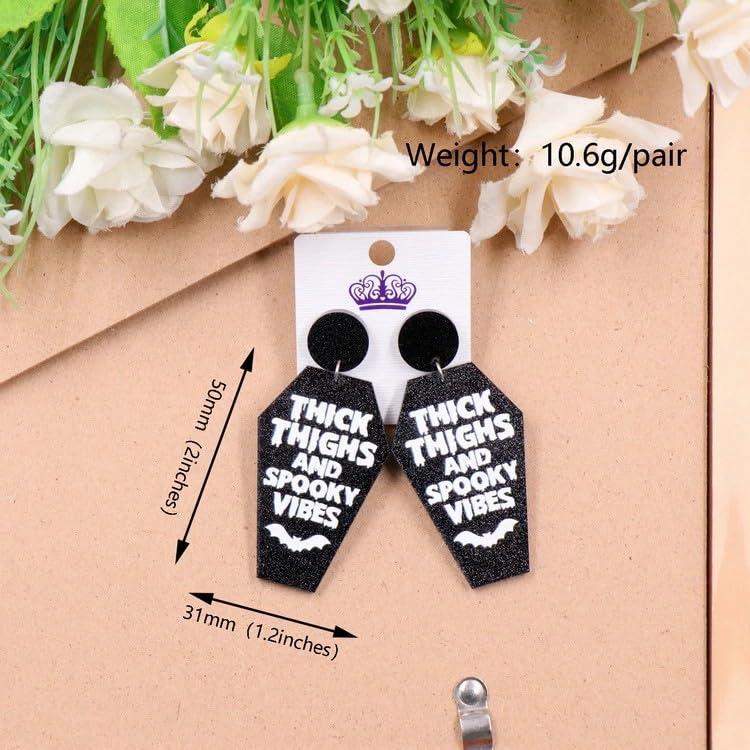 Thick Thighs & Spooky Vibes Earring Earrings Coffin Casket Witch Cauldron Black Glitter Sparkle Magic Spell Pot Crescent Goddess Ghost4