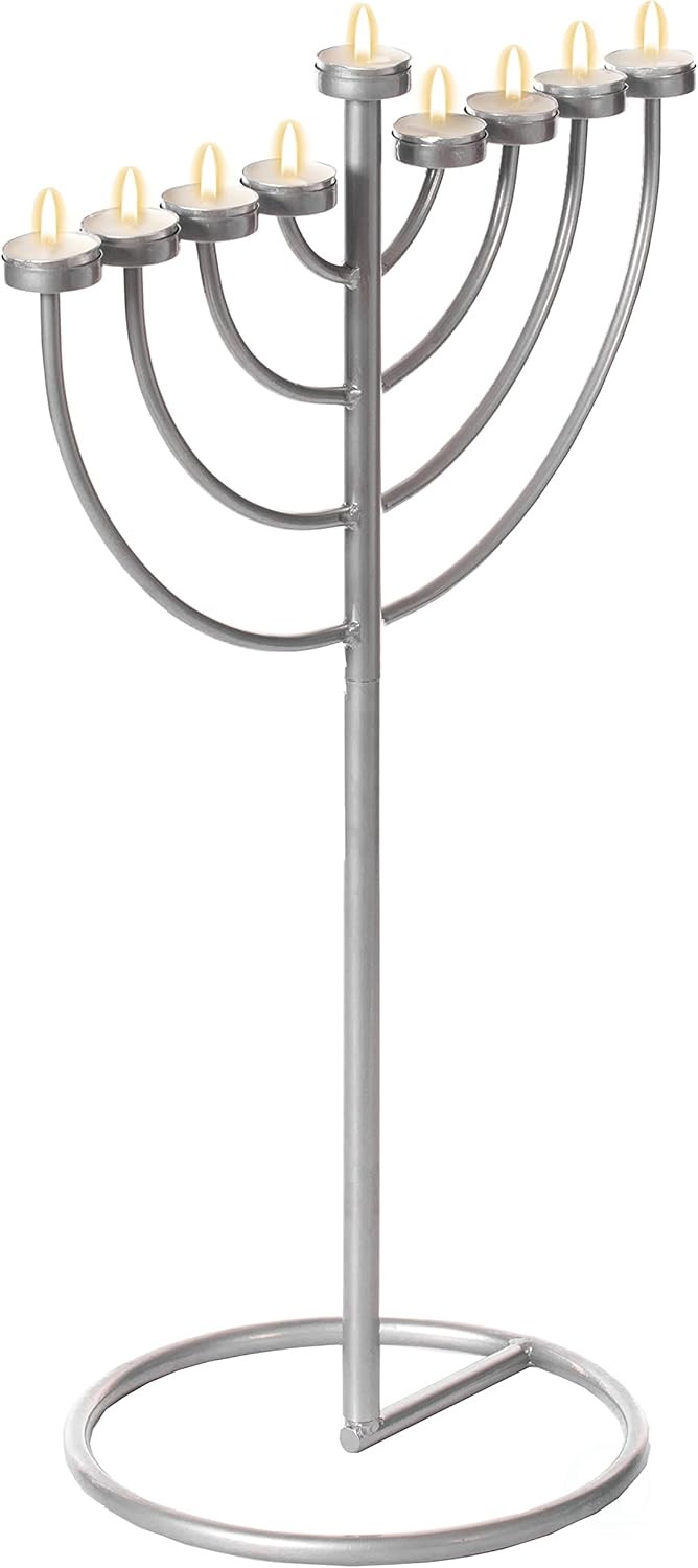 Small Modern Silver 9 Branch Lighting Thin Pipe Hanukkah Menorah, Metal-Aluminum