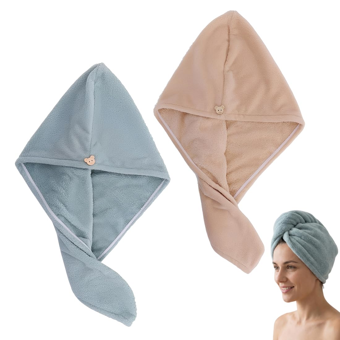 2 pezzi asciugamano in microfibra per capelli, extra assorbente e asciugatura rapida, morbido turbante asciugamano per capelli e turbante capelli con chiusura a bottone (verde, marrone)