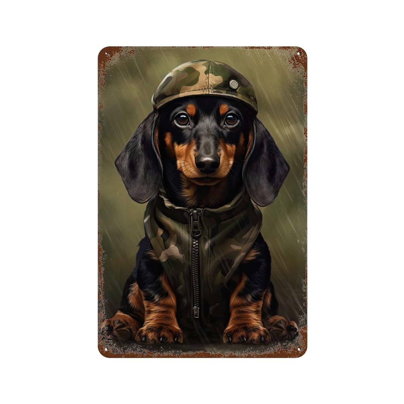 Dachshund Camo Jacket 11.8"x7.9" Rust Effect Tin Sign, Industrial Home Decor for Living Room, Hallway And Home Decor