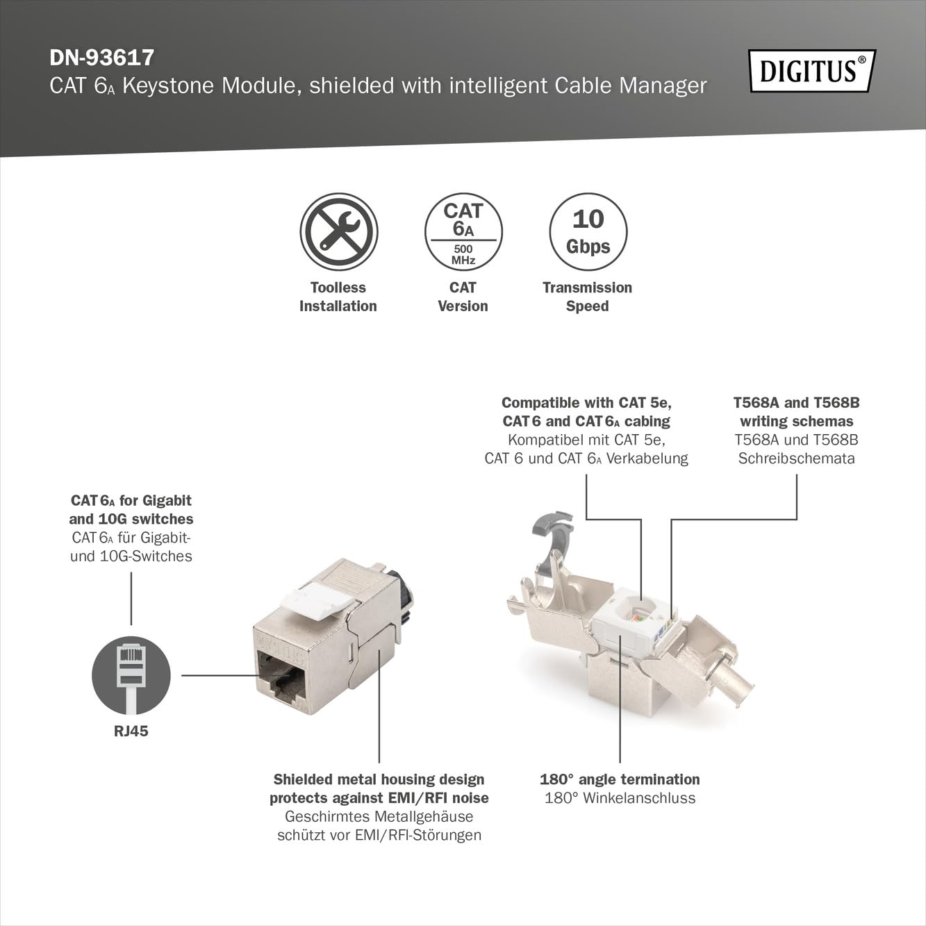 DIGITUS Modulo Keystone Cat-6A schermato RJ45 Jack 500 MHz 10GBase-T AWG 26-22