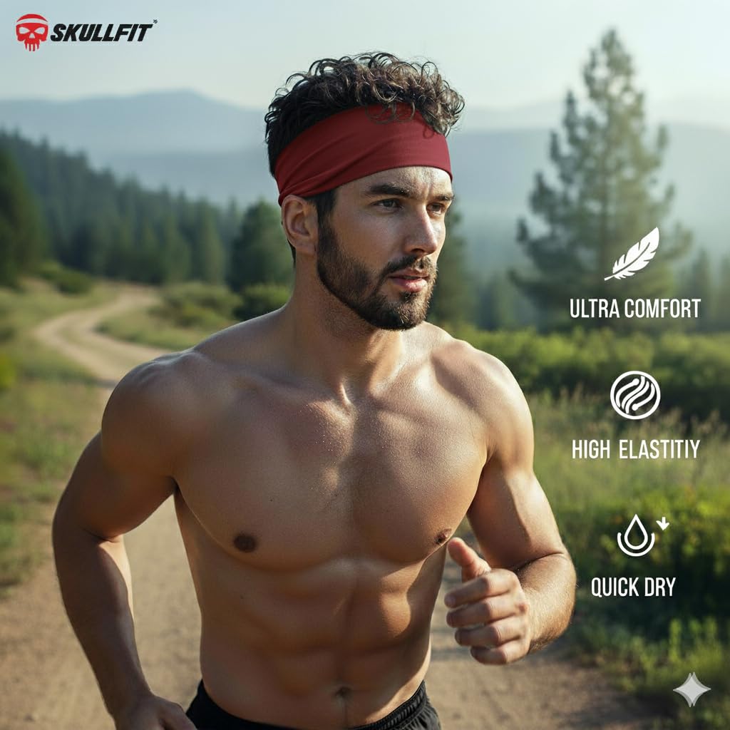SKULLFIT Men's Chinlon and Spandex Lightweight Moisture Wicking Workout and Sports Sweatbands Headbands - (Pack of 2) (Black, Red) 2