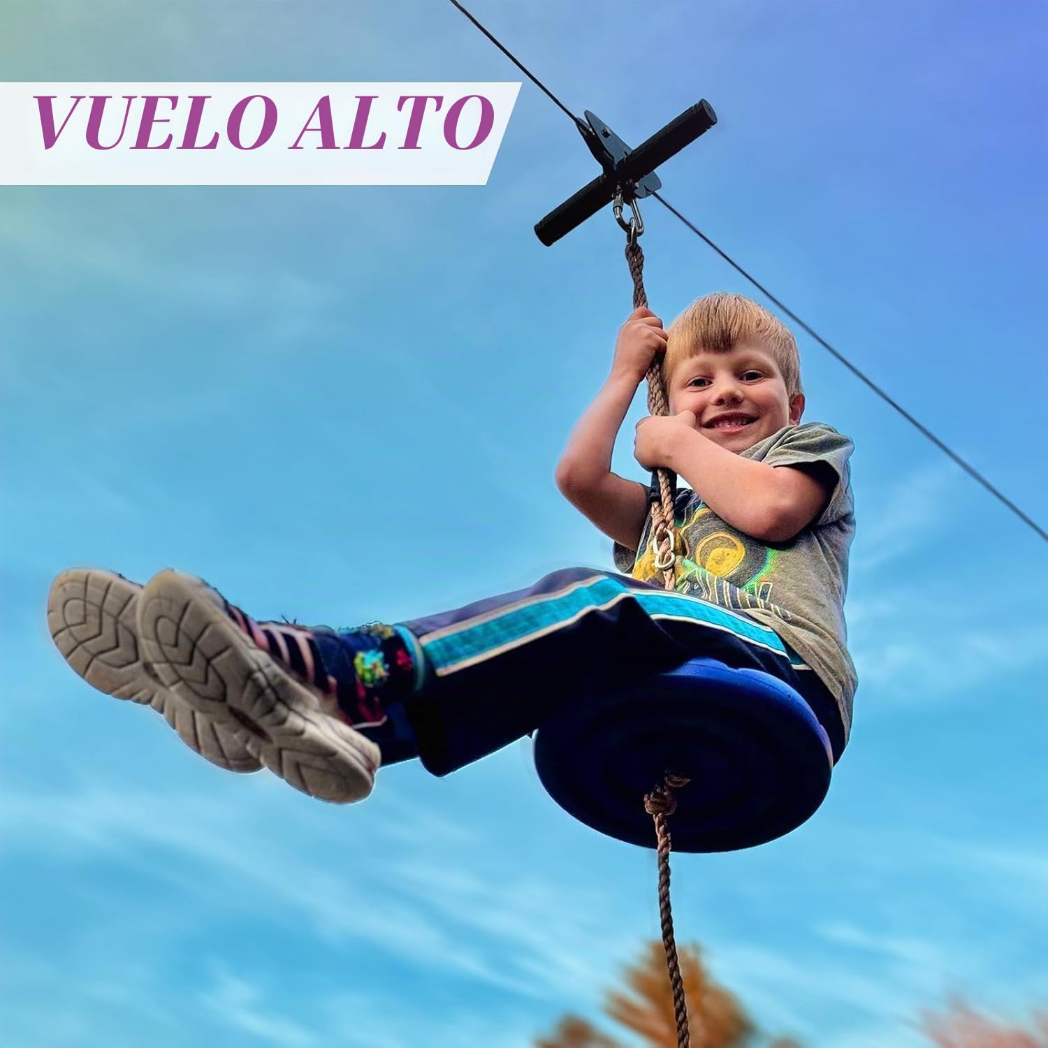 CTSC Familia Juguetes de Jardín - Conjunto de tirolinas para niños, tirolina exterior 25m, con freno de muelle de acero inoxidable, polea de carro, cinturón de seguridad, diversión colorida y