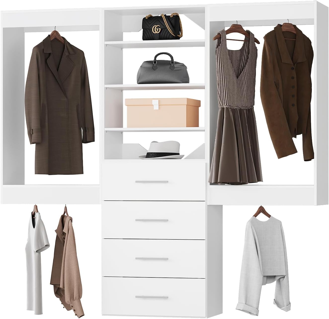 Modular Closet System, 66" Wide Closet Organizer System with Hanging and Drawers, Wood Tower Closet Storage for Walk In Closets, Wall Mounted Wardrobe Organizer Kit System, Bedroom, White White 66" Wide Double Hanging*2 + 4 Drawer Shelf Tower