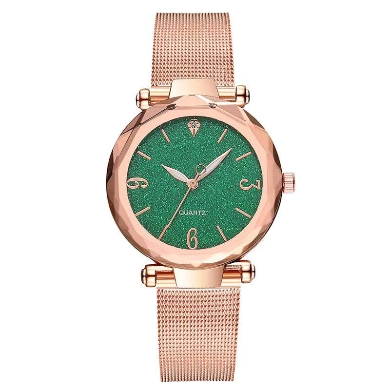 Image of Women's Fashion Quartz Watch with Green Glitter Dial - Rose Gold Mesh Strap, Stainless Steel & Alloy Body - Elegant Analog