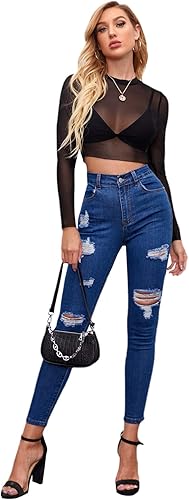 Miniatura 3 de Verdusa Camiseta básica de manga larga para mujer, de malla transparente