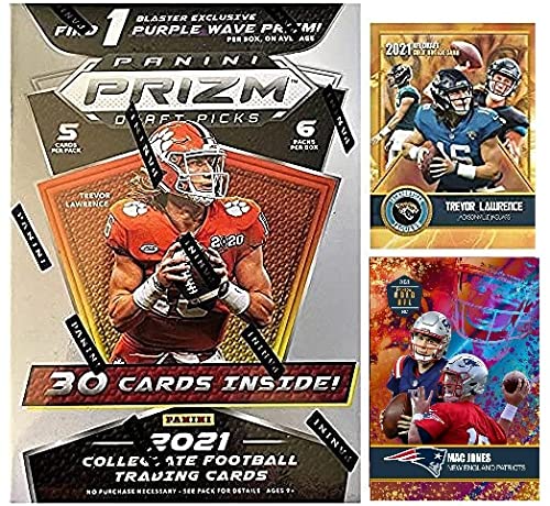 2021 Panini PRIZM Football Draft Picks FACTORY Sealed UNOPENED Blaster Box w/30 Cards including 1 Purple Wave Prizm - Look for TREVOR LAWRENCE, JUSTIN FIELDS, MAC JONES Rookie Cards! - Include Novelty Trevor Lawrence and Mac Jones Cards Shown