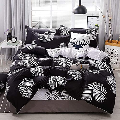 Feelyou Cute Leaf Comforter Cover Set For Girls Women, Black And White Bedding Set Full Size Kawaii Floral Duvet Cover For Kids Teens Adult Palm Leaves Home Decor Reversible Bedding Collections #TOP7