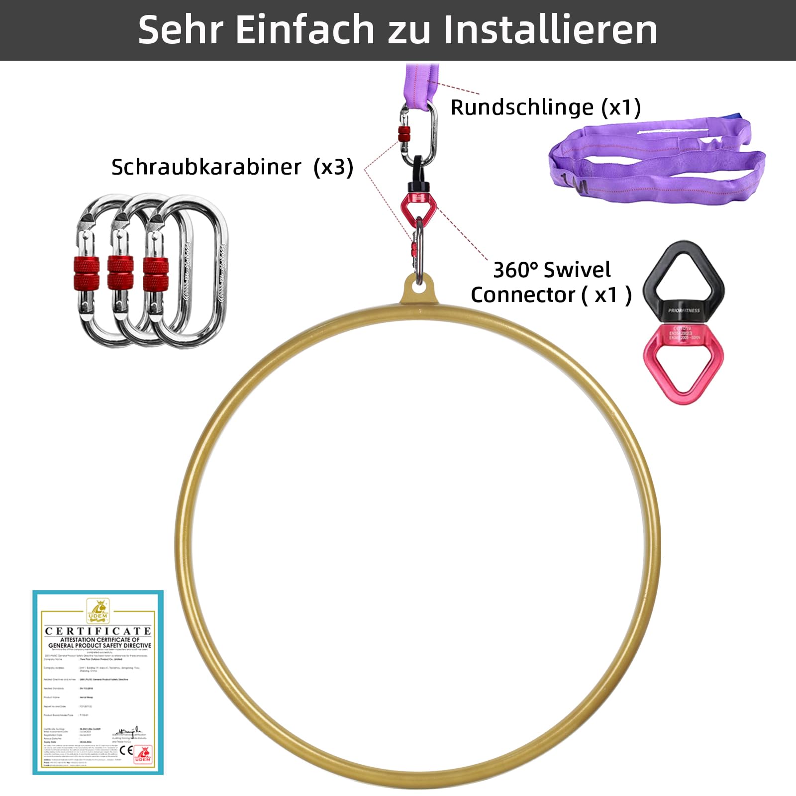 PRIOR FITNESS Premium Aerial Hoop Set-Hochwertig lackierter Aerial Lyra Hoop - Vollständig auf Stärke getesteter 200KG/500LBS Einzelpunkt-Aerial Dance Circus Ring für Yoga, Akrobatik und Gymnastik