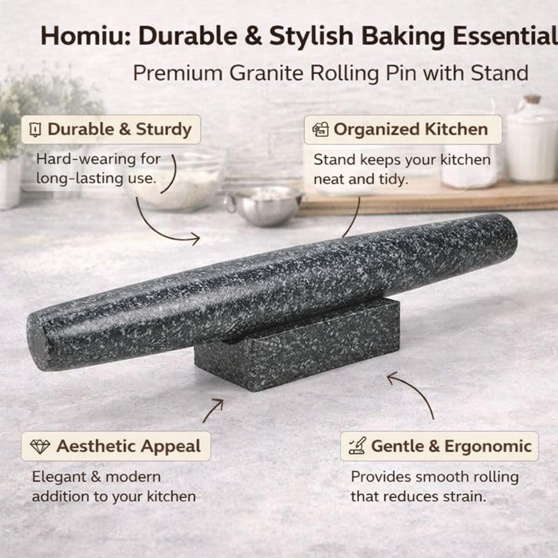 Homiu Marble Rolling Pin for Baking with Wooden Stand, Easy to Clean, Wear-resistant, Speckled Finish, Non-Stick Coating (White Homiu Marble Rolling Pin for Baking with Wooden Stand, Easy to Clean, Wear-resistant, Speckled Finish, Non-Stick Coating (White