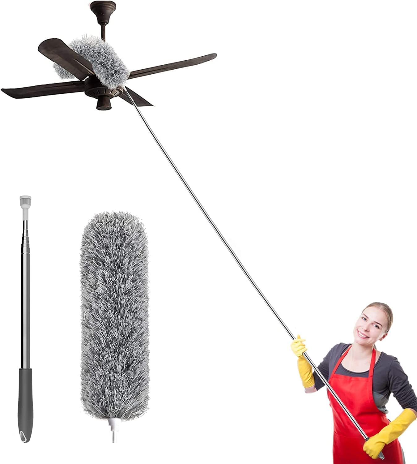 Leawall Microfiber Feather Duster - Extendable Fan Cleaning Duster with 100-Inch Pole, Washable for High Ceilings, Window Blinds, Furniture, and Cobwebs - Anti-Scratch, Bendable Head for Easy Dusting