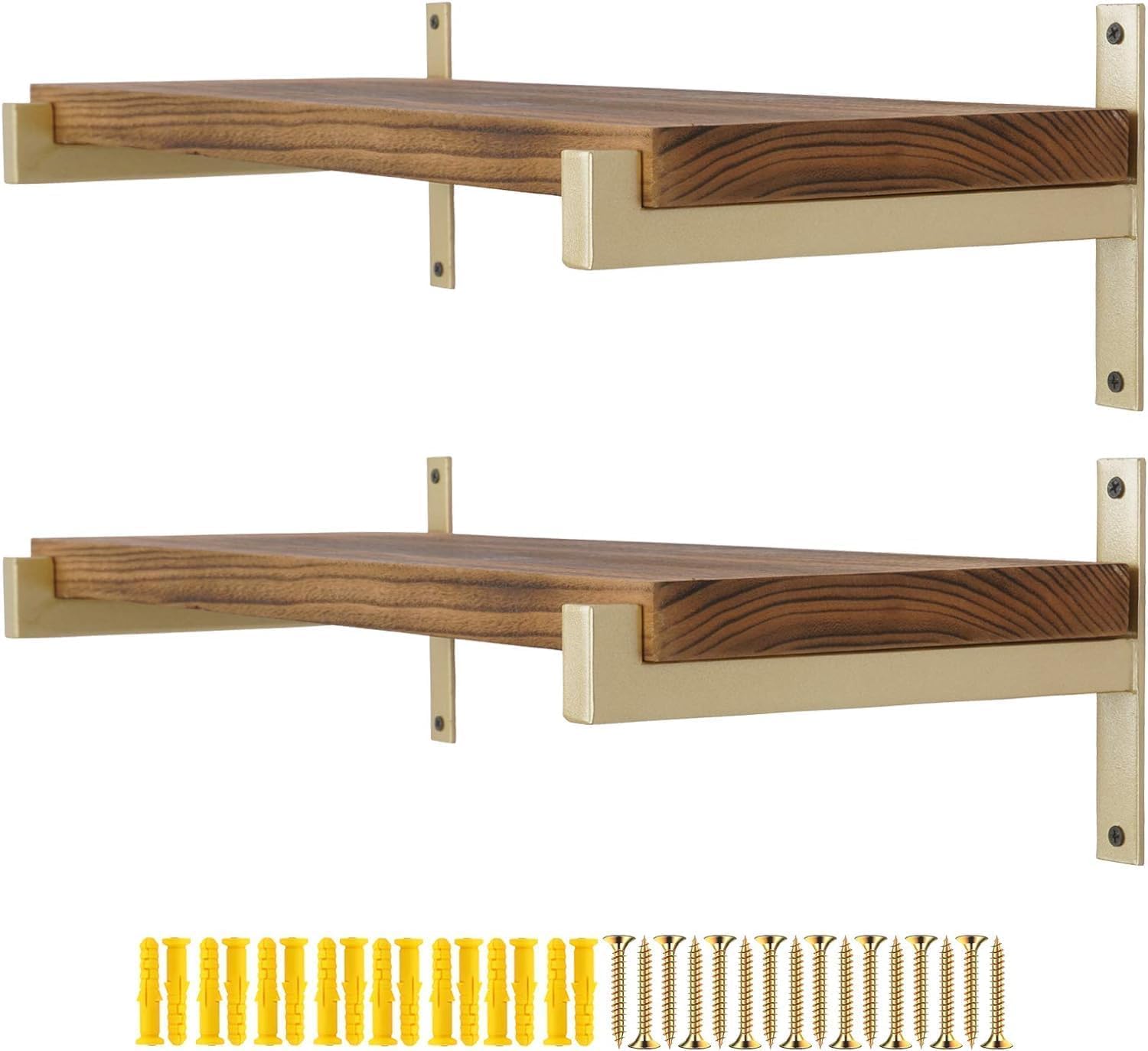 AddGrace 4 Pcs Heavy Duty Shelf Brackets Metal Gold Shelf Brackets Wall Mounted Rustic Floating Shelf Bracket with Lip（Gold） 13"