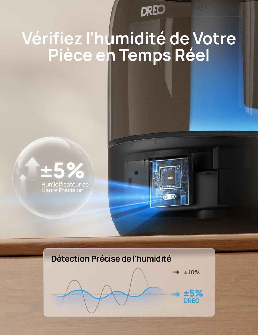 Dreo 3L Humidificateur Bébé Silencieux 26dB avec Capteur d’Humidité, Brume Fraîche Ultrasonique, Buse 360°, 30H Autonomie, Diffuseur d’Huiles Essentielles, Lumière d’Ambiance, pour Plantes, Noir