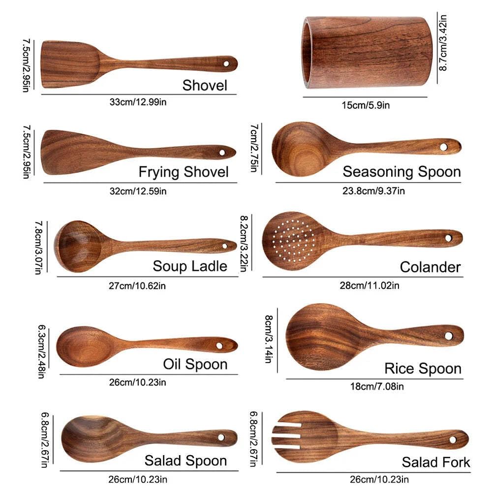 Thailand - Juego de 8 cucharas de madera natural de teca, cucharón volteador, colador de arroz, sopa, espumador, cucharas de cocina, cuchara de cocina