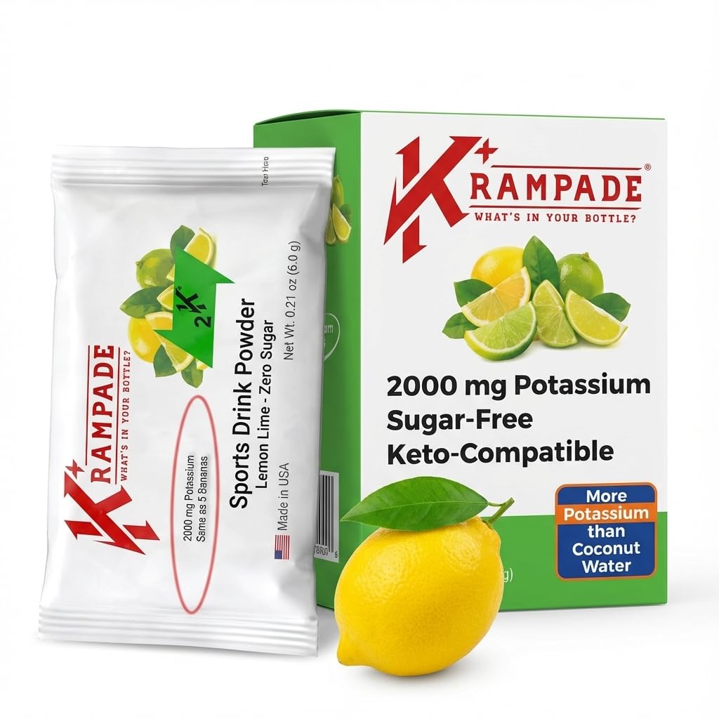 Krampade Electrolytes Powder Potassium Supplement - 2000 mg K+, >2X More Than Coconut Water | Cramp Relief and Prevention | Hydration Powder Packets