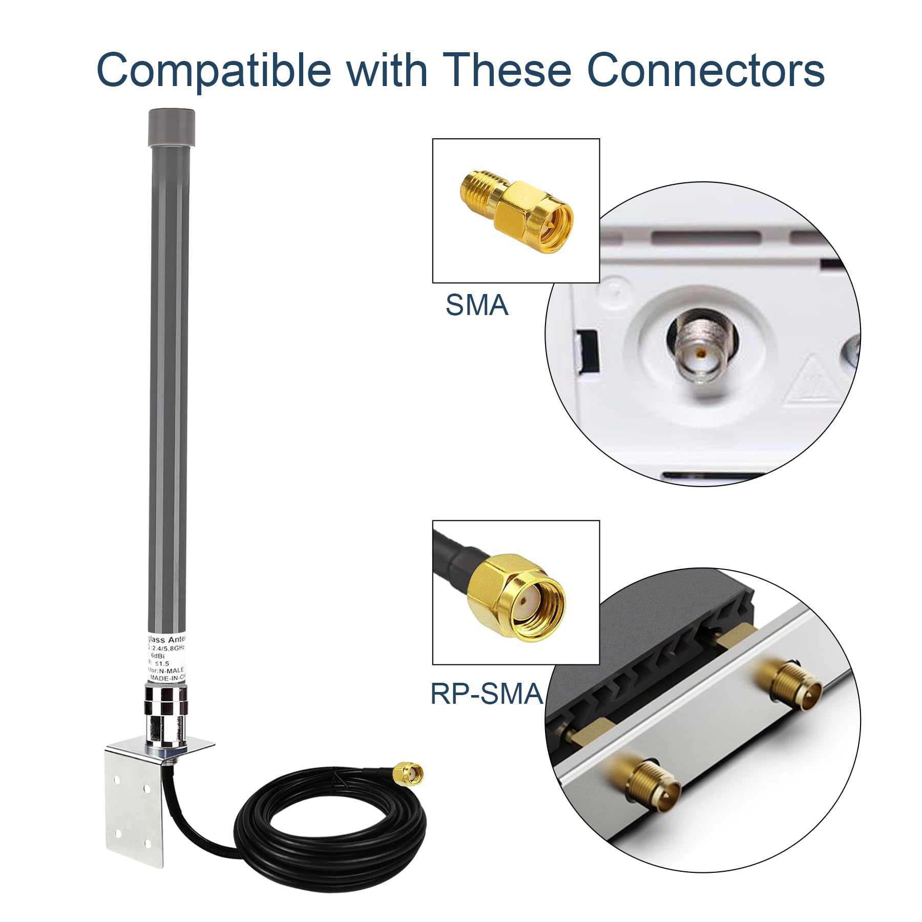 WiFi-Antenne, breite Abdeckung, Dualband, 2,4 G/5 GHz, Outdoor-Mini-Omni-Außenantenne, N-Stecker & RP-SMA, kabelloser WLAN-Adapter, 6 dBi W/3 m verlustarmes Kabel