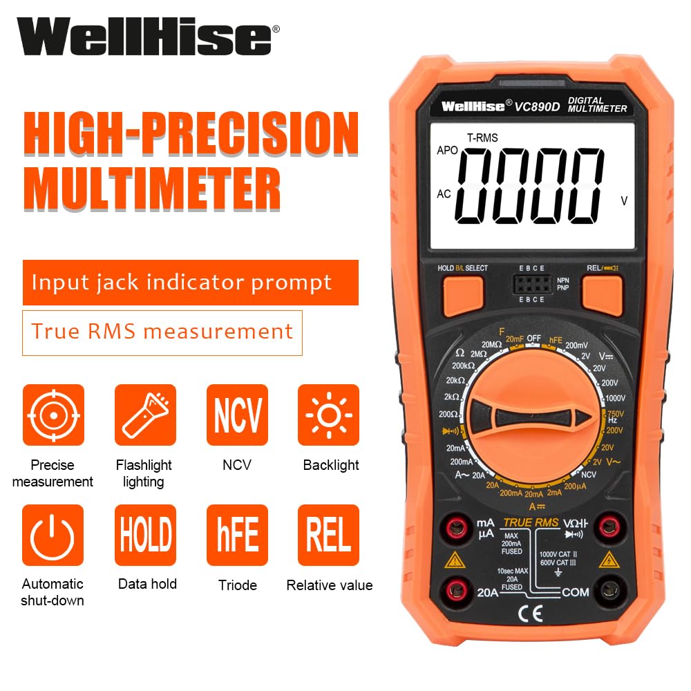 Wellhise VC890D Measuring Instrument Multimeter NVC Illuminated Display Flashlight True RMS