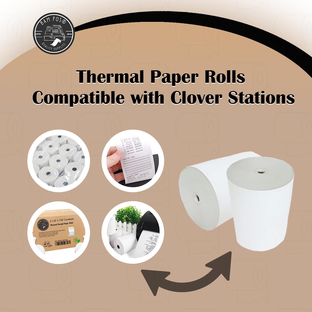 BAM POS Rollos de papel térmico de 3 1/8 x 190 pulgadas, rollo de recibos grande, compatible con estaciones Clover Stations, P100, P550, SCP700, estaciones cuadradas (30 rollos por caja)
