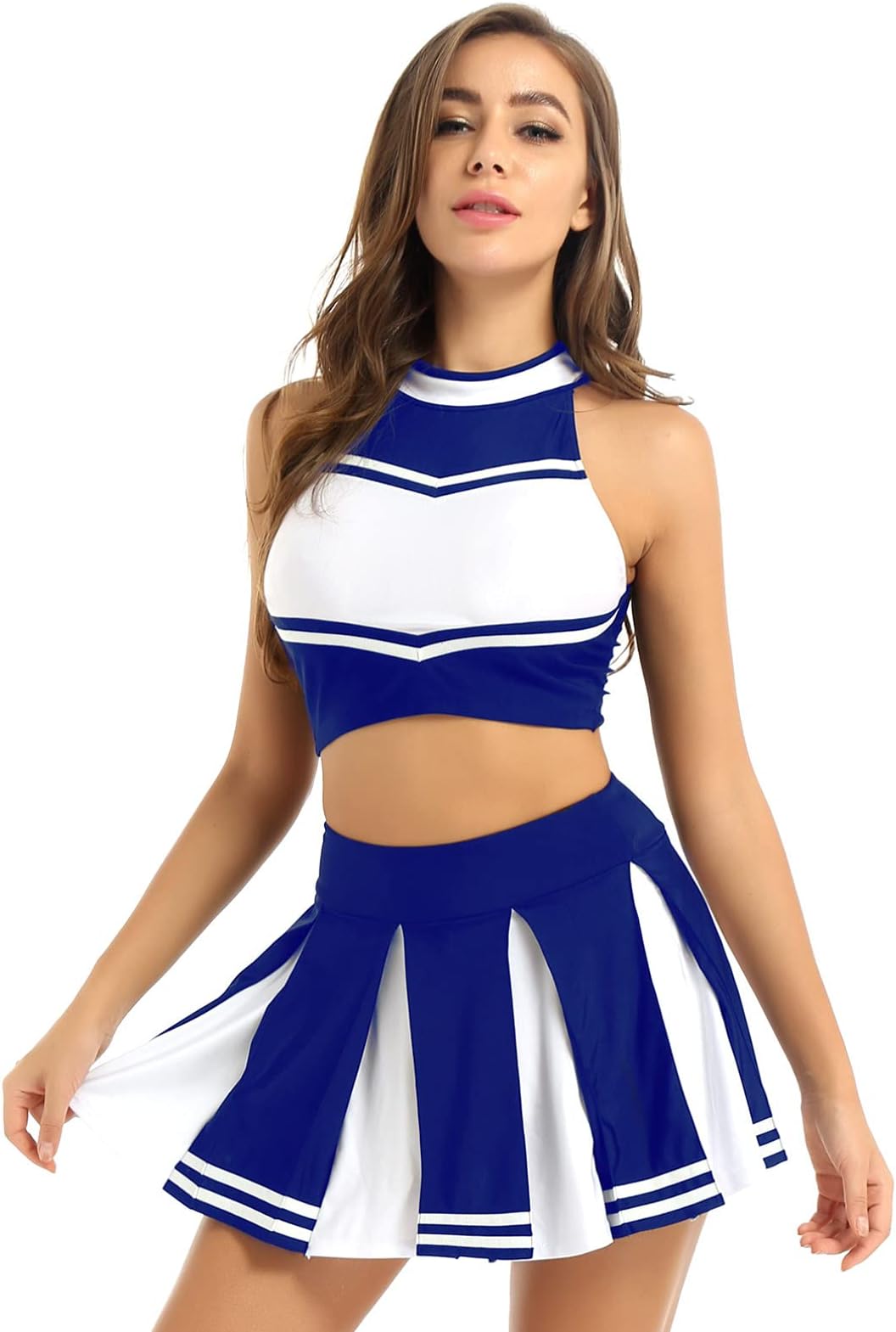 Linjinx 2Pcs Women Adult Charming Cheer Leader Uniform Dress Crop Top with Mini Pleated Skirt Blue A Small