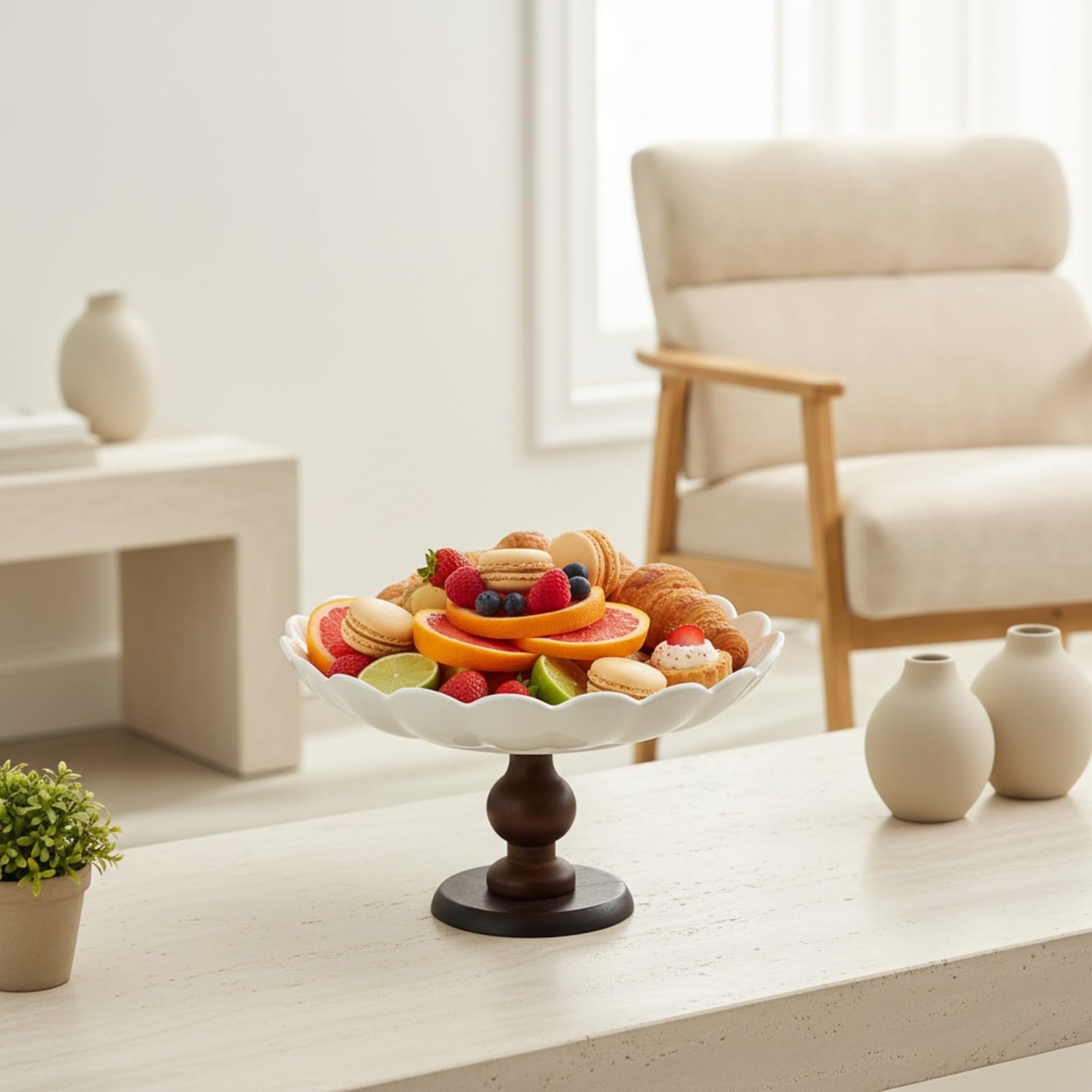 Fruttiera con Piedistallo Decorativo | Elegante, Bianca, Fruttiera con Base in Legno, per Feste