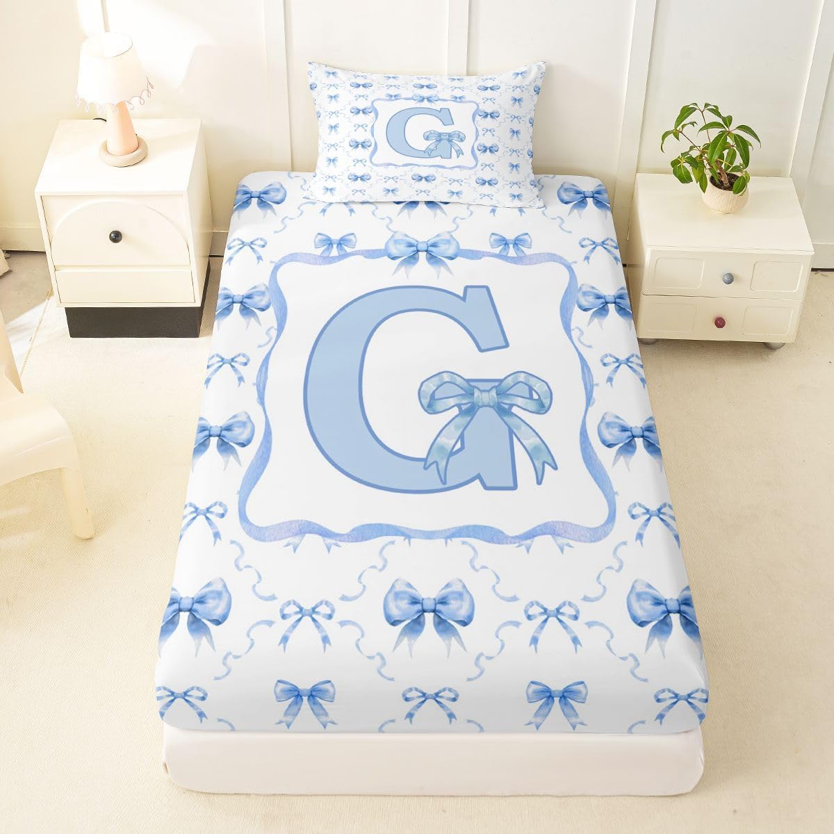 Erosebridal Blue Initial Bow Twin Fitted Sheet, Girly Preppy Bowknot Bedding Set for Kids Girls, Monogram G Costom Bow Bed Sheets, Blue Ribbon Bowtie Room Decor (No Top Sheet)