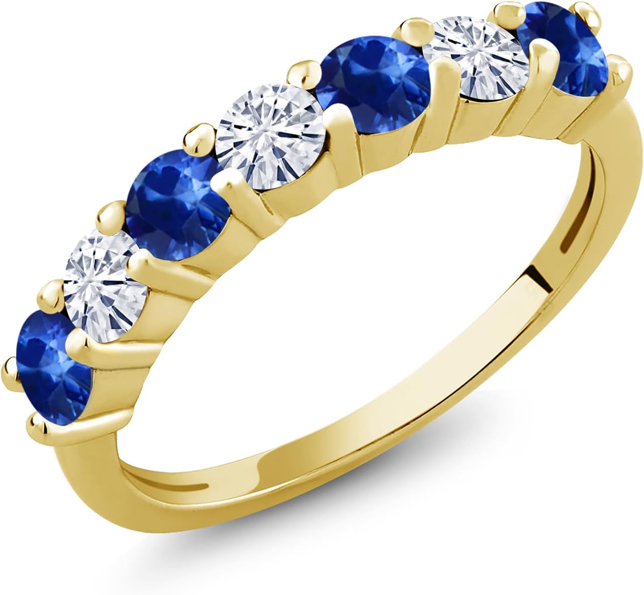 Gem Stone King 18K Yellow Gold Plated Silver Gemstone Birthstone and Blue Sapphire Wedding Band Engagement Anniversary Ring | Round 3.5MM | 7 Stone Promise Ring For Women