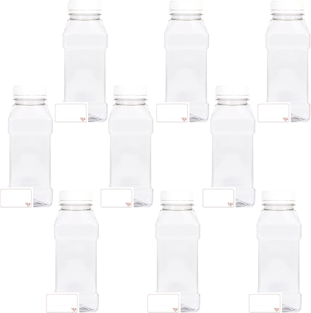 TEC Juice Bottles 250ml with Lids 30% Recycled PET Plastic Small Clear Square Tamper Evident Mini Energy Drink Smoothie Bottle Water Party Pack Multipack in Bulk Packs Made in UK