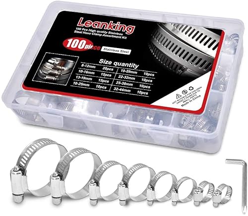 Schlauchschellen Set, 100 Stück Schlauchschellen Edelstahl Set 8-44mm Schlauchklemmen Hose Clamp Einstellbare für Home Gas Rohr, Wasser Rohr, Tank, Automobil (8 Größe) Cover