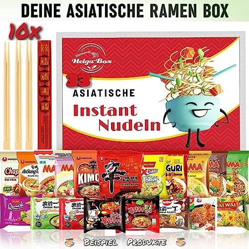 Foto von HELGA-BOX 33 Set, Instant Nudeln Box mit 33 Asia Nudeln (10x Bambus Essstäbchen), ausgewählter Mix an Ramen wie Samyang, Mama, Yumyum, Nongshim- Ramen Nudeln Geschenkbox